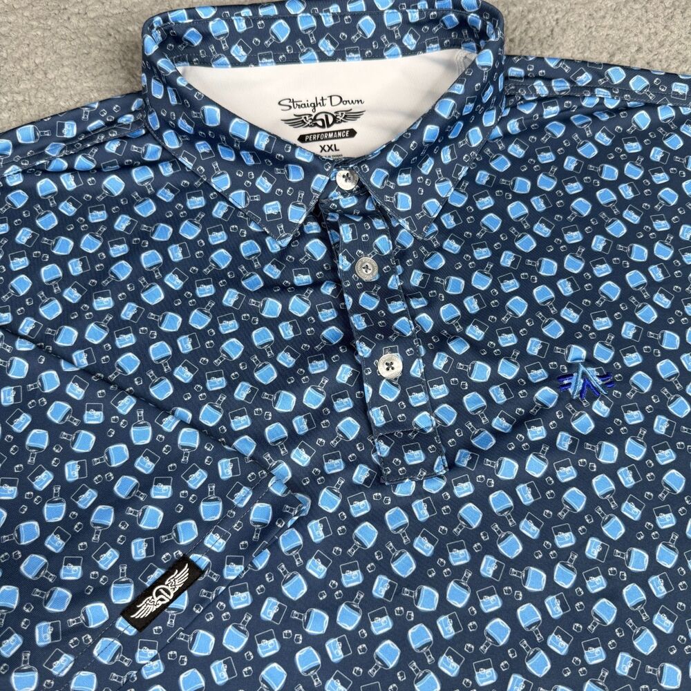 Straight Down Polo Shirt Mens XXL Blue Bourbon Whiskey Print Performance Golf
